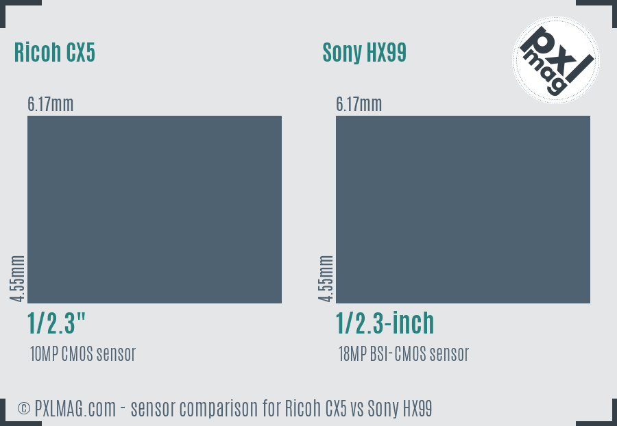 Ricoh CX5 vs Sony HX99 sensor size comparison