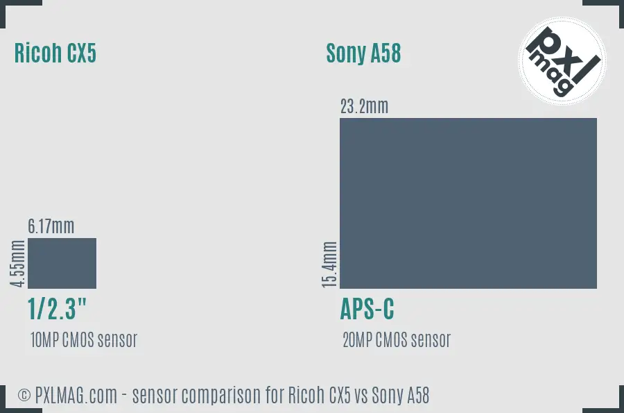 Ricoh CX5 vs Sony A58 sensor size comparison