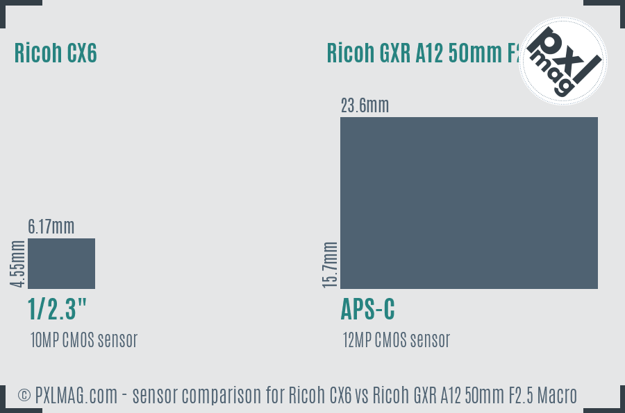 Ricoh CX6 vs Ricoh GXR A12 50mm F2.5 Macro sensor size comparison