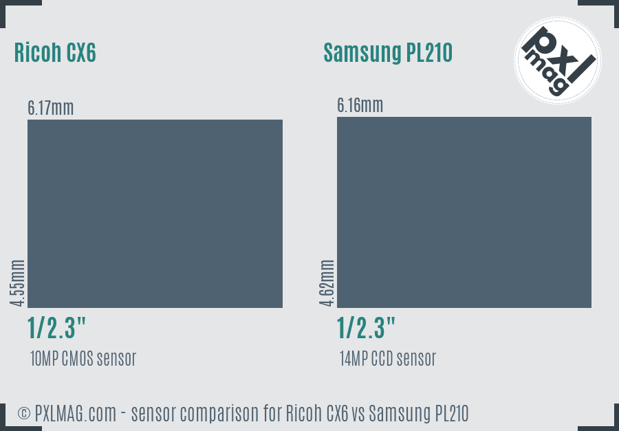 Ricoh CX6 vs Samsung PL210 sensor size comparison