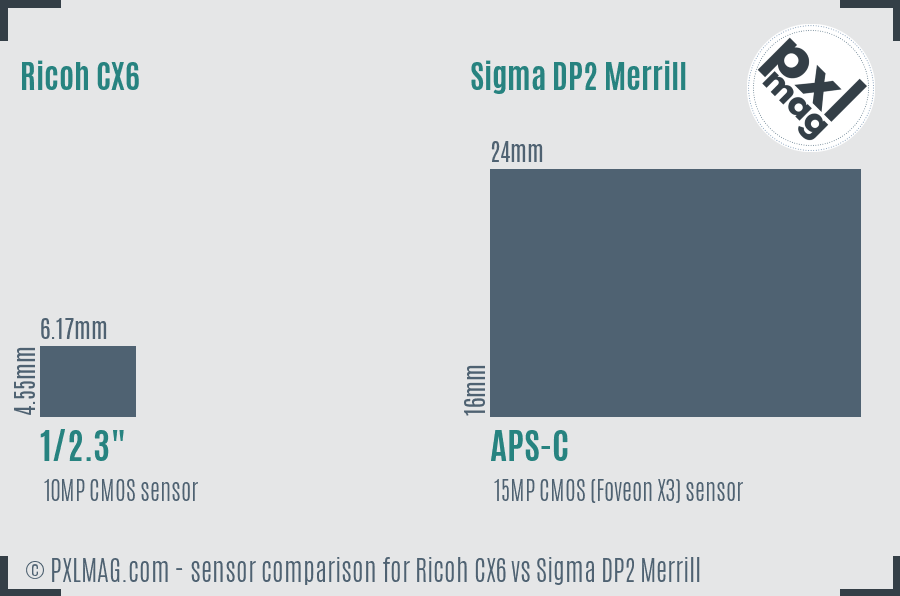 Ricoh CX6 vs Sigma DP2 Merrill sensor size comparison