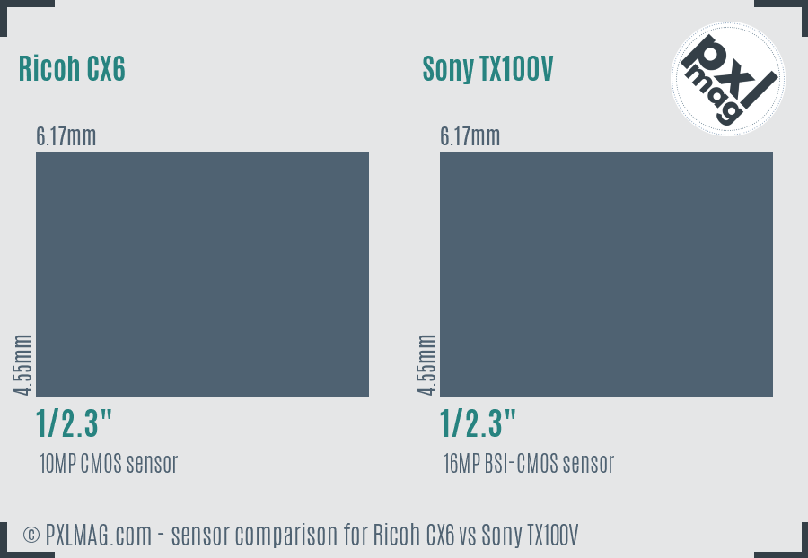 Ricoh CX6 vs Sony TX100V sensor size comparison
