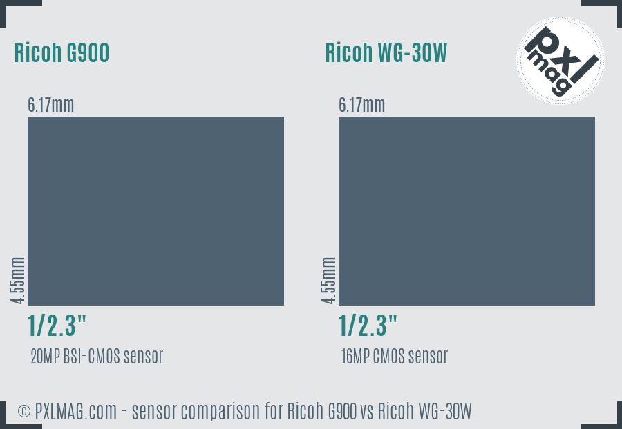 Ricoh G900 vs Ricoh WG-30W sensor size comparison