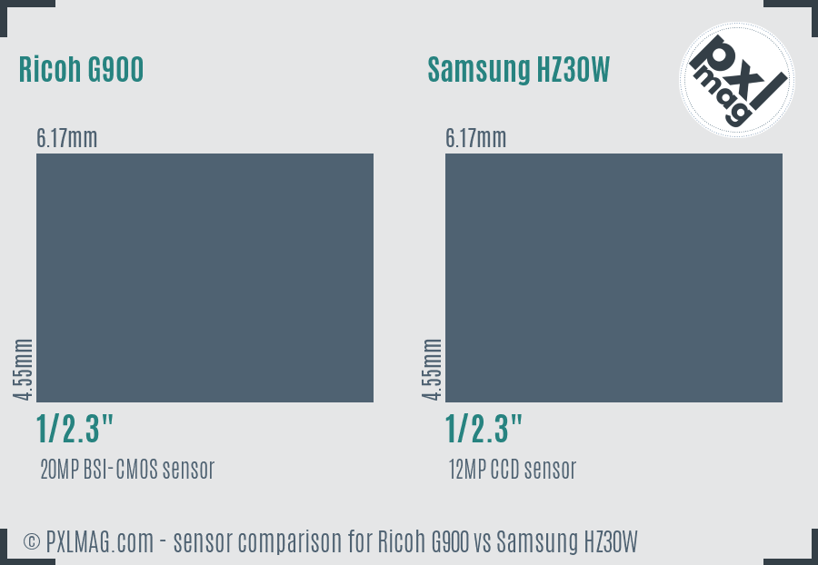 Ricoh G900 vs Samsung HZ30W sensor size comparison