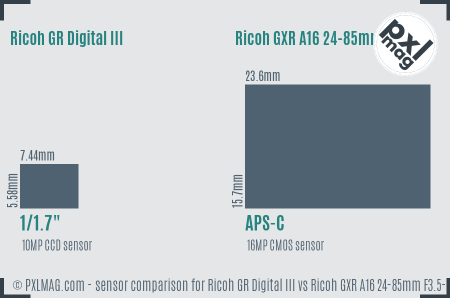 Ricoh GR Digital III vs Ricoh GXR A16 24-85mm F3.5-5.5 sensor size comparison