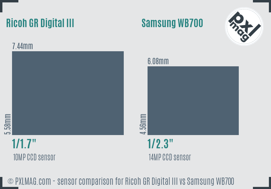 Ricoh GR Digital III vs Samsung WB700 sensor size comparison