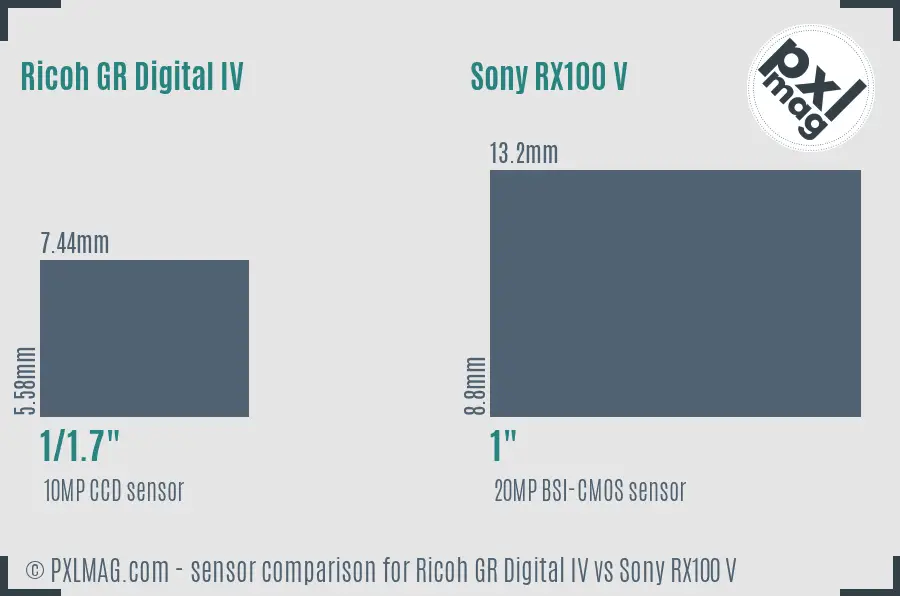 Ricoh GR Digital IV vs Sony RX100 V sensor size comparison