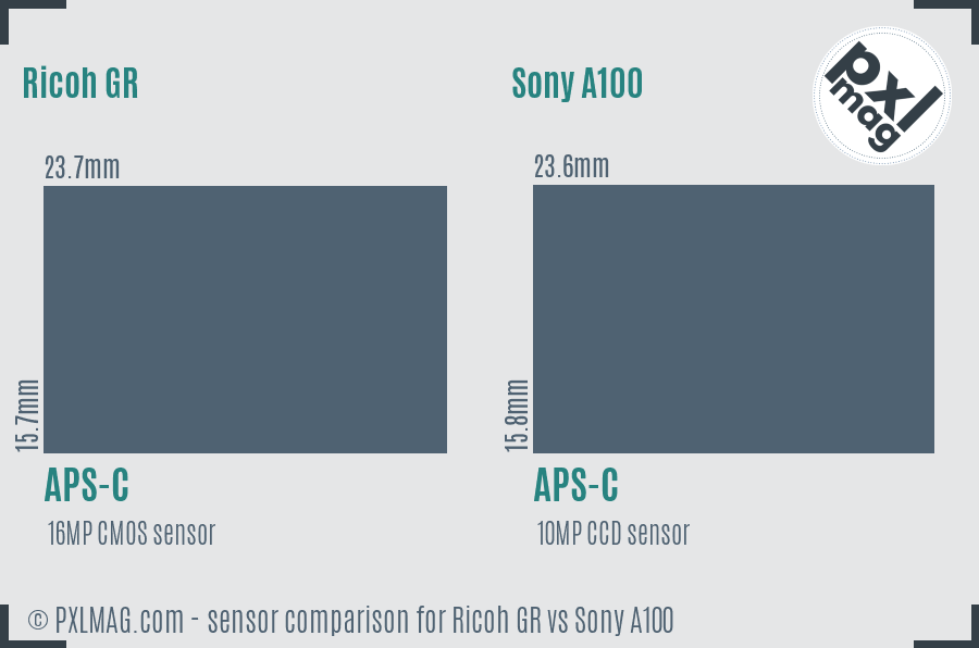 Ricoh GR vs Sony A100 sensor size comparison