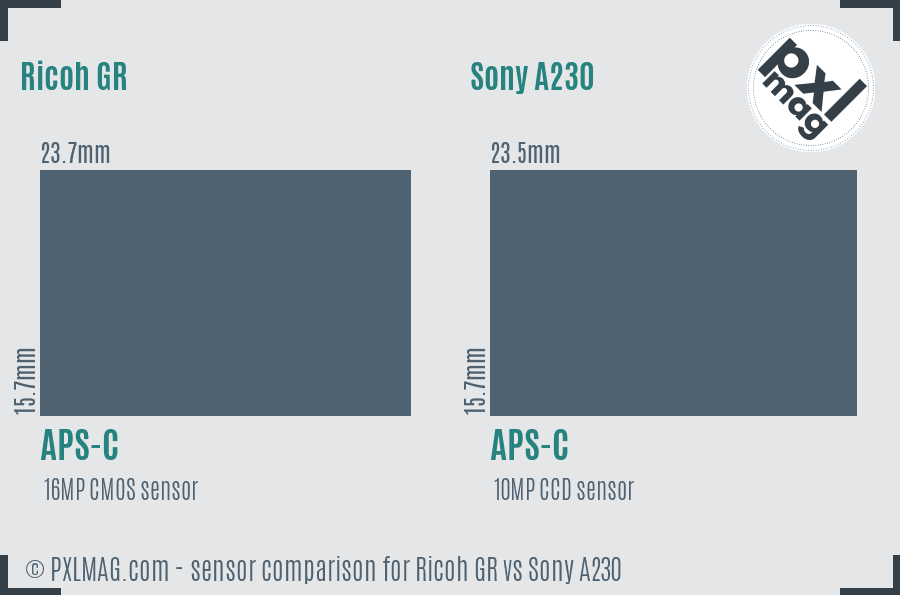 Ricoh GR vs Sony A230 sensor size comparison