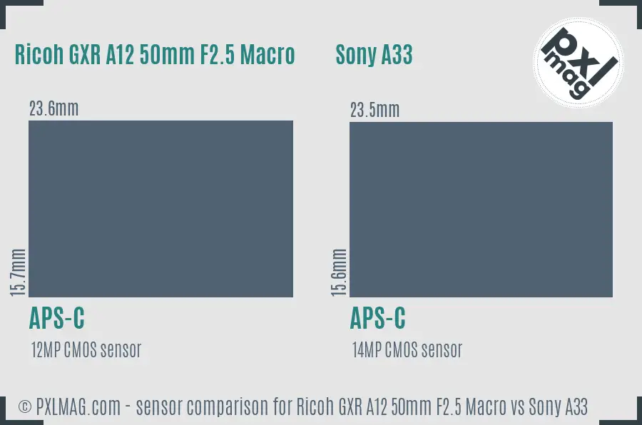 Ricoh GXR A12 50mm F2.5 Macro vs Sony A33 sensor size comparison