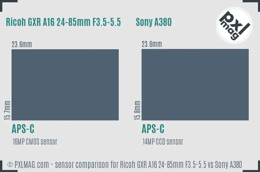 Ricoh GXR A16 24-85mm F3.5-5.5 vs Sony A380 sensor size comparison