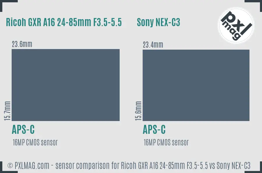 Ricoh GXR A16 24-85mm F3.5-5.5 vs Sony NEX-C3 sensor size comparison