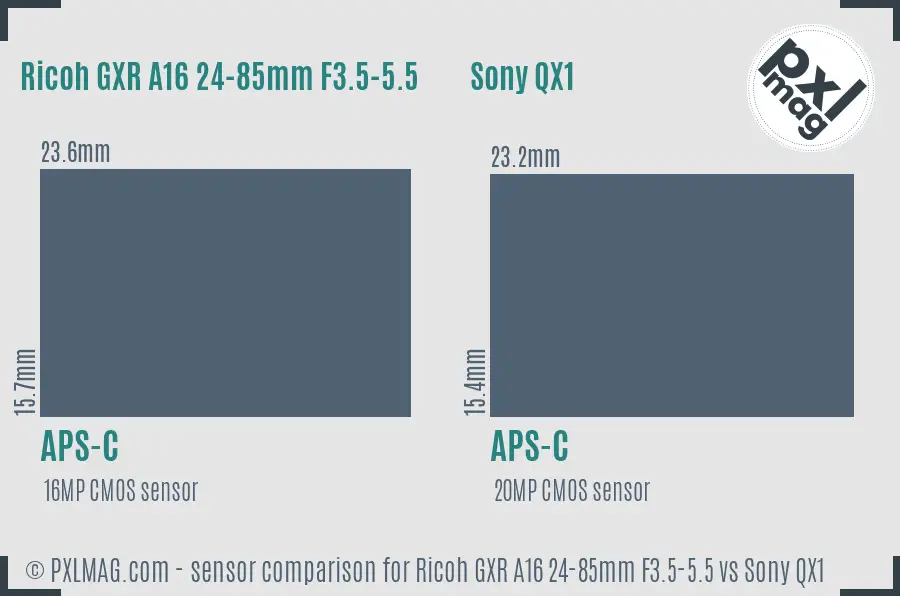 Ricoh GXR A16 24-85mm F3.5-5.5 vs Sony QX1 sensor size comparison