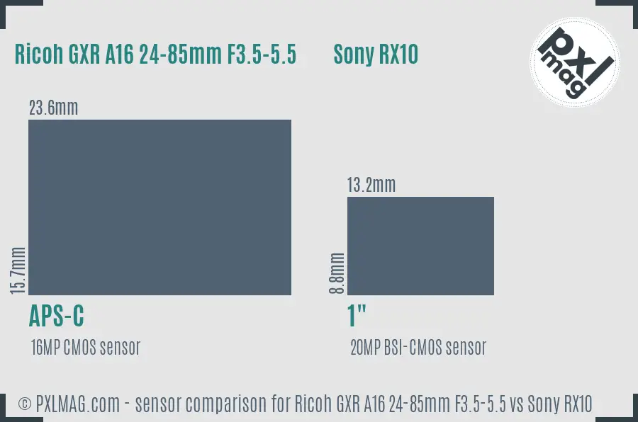 Ricoh GXR A16 24-85mm F3.5-5.5 vs Sony RX10 sensor size comparison