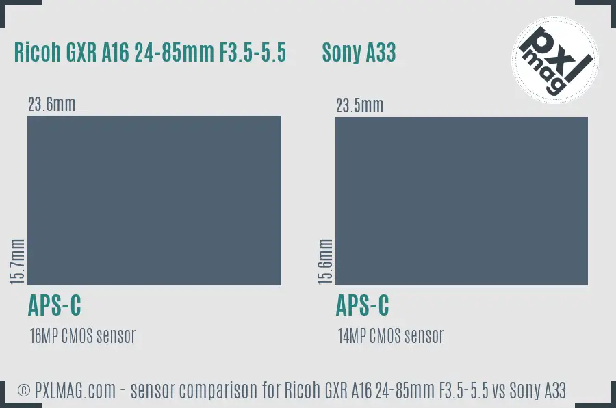 Ricoh GXR A16 24-85mm F3.5-5.5 vs Sony A33 sensor size comparison