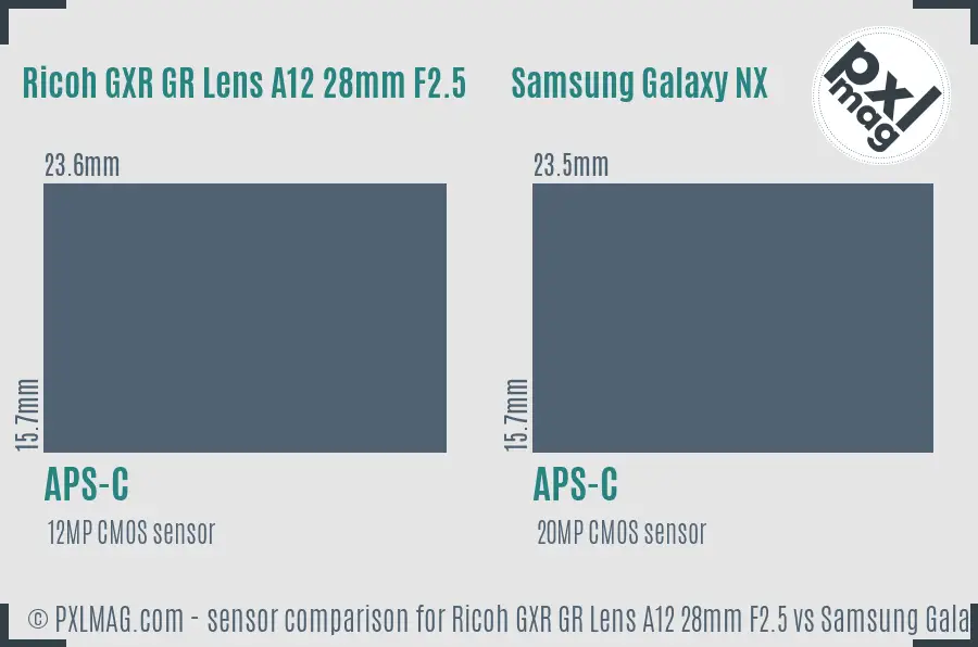 Ricoh GXR GR Lens A12 28mm F2.5 vs Samsung Galaxy NX sensor size comparison