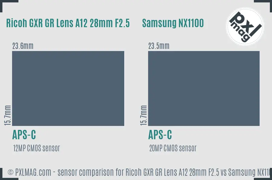 Ricoh GXR GR Lens A12 28mm F2.5 vs Samsung NX1100 sensor size comparison