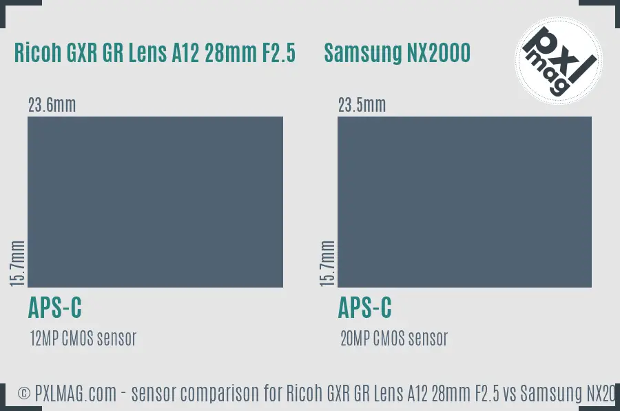 Ricoh GXR GR Lens A12 28mm F2.5 vs Samsung NX2000 sensor size comparison