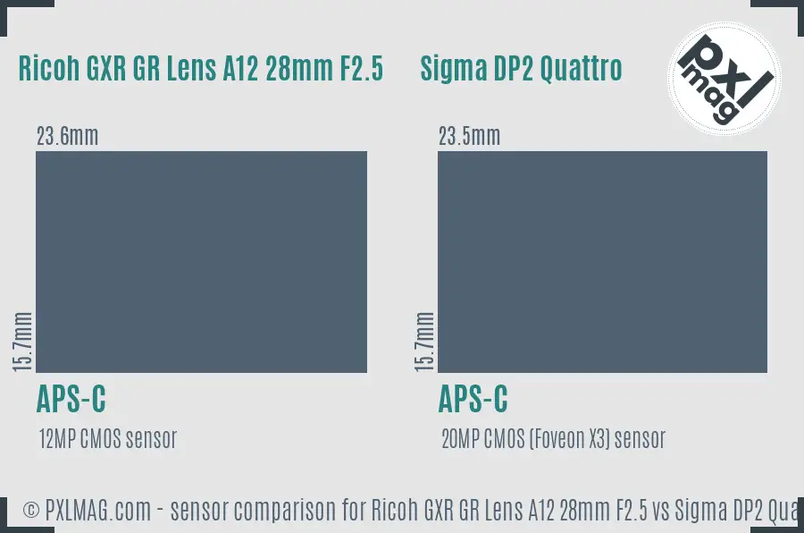 Ricoh GXR GR Lens A12 28mm F2.5 vs Sigma DP2 Quattro sensor size comparison