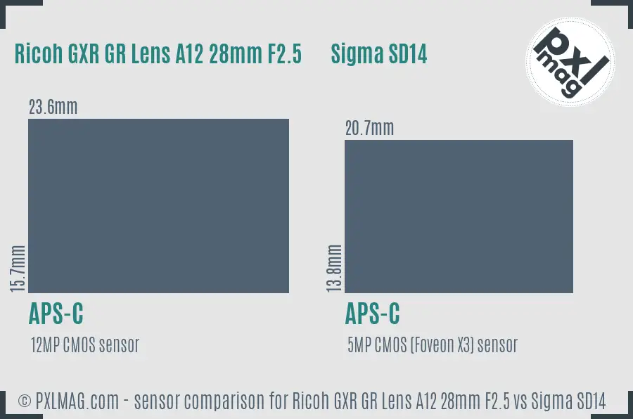 Ricoh GXR GR Lens A12 28mm F2.5 vs Sigma SD14 sensor size comparison