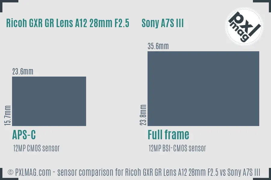 Ricoh GXR GR Lens A12 28mm F2.5 vs Sony A7S III sensor size comparison