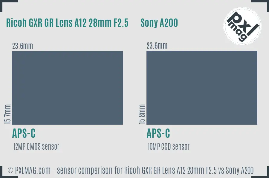 Ricoh GXR GR Lens A12 28mm F2.5 vs Sony A200 sensor size comparison