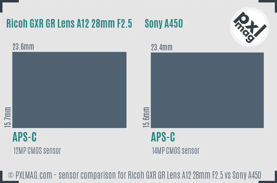 Ricoh GXR GR Lens A12 28mm F2.5 vs Sony A450 sensor size comparison