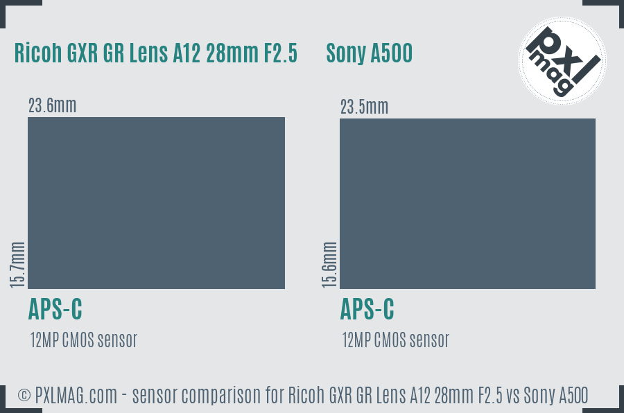 Ricoh GXR GR Lens A12 28mm F2.5 vs Sony A500 sensor size comparison