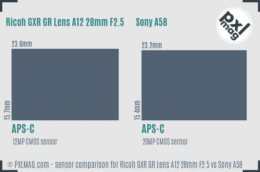 Ricoh GXR GR Lens A12 28mm F2.5 vs Sony A58 sensor size comparison
