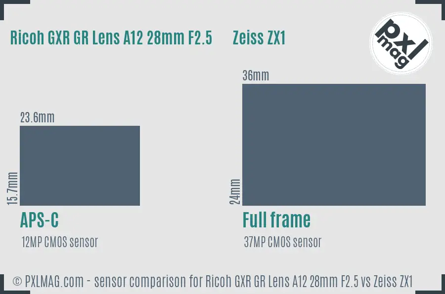 Ricoh GXR GR Lens A12 28mm F2.5 vs Zeiss ZX1 sensor size comparison