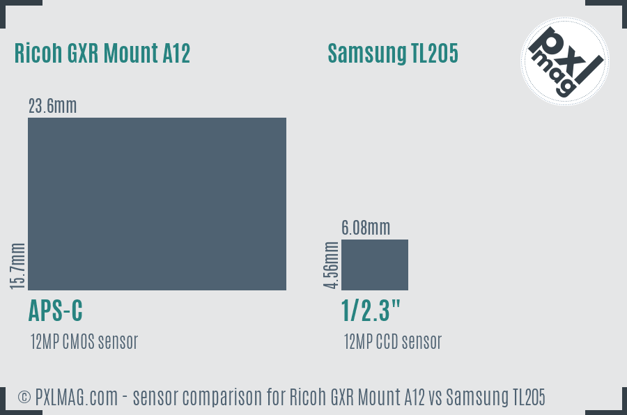 Ricoh GXR Mount A12 vs Samsung TL205 sensor size comparison