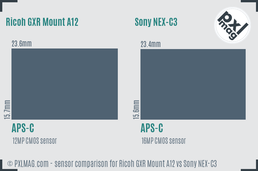 Ricoh GXR Mount A12 vs Sony NEX-C3 sensor size comparison
