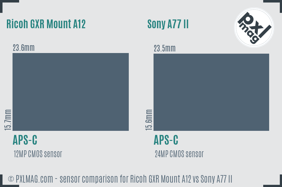 Ricoh GXR Mount A12 vs Sony A77 II sensor size comparison