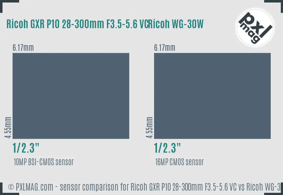 Ricoh GXR P10 28-300mm F3.5-5.6 VC vs Ricoh WG-30W sensor size comparison