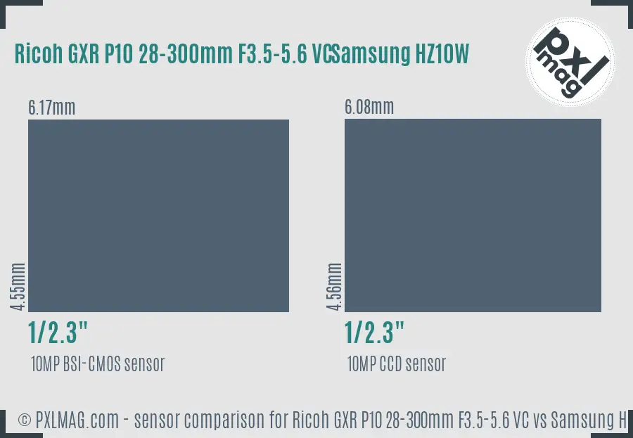 Ricoh GXR P10 28-300mm F3.5-5.6 VC vs Samsung HZ10W sensor size comparison