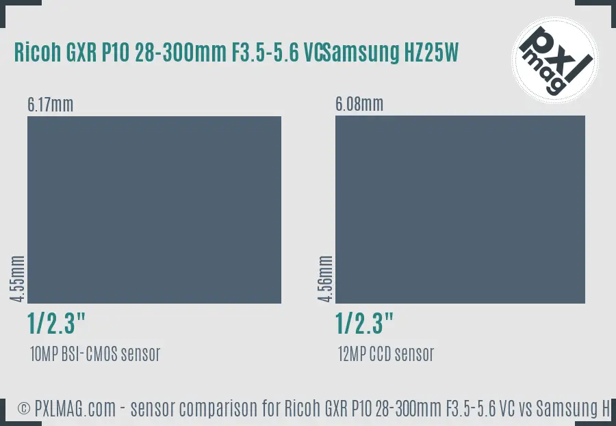 Ricoh GXR P10 28-300mm F3.5-5.6 VC vs Samsung HZ25W sensor size comparison