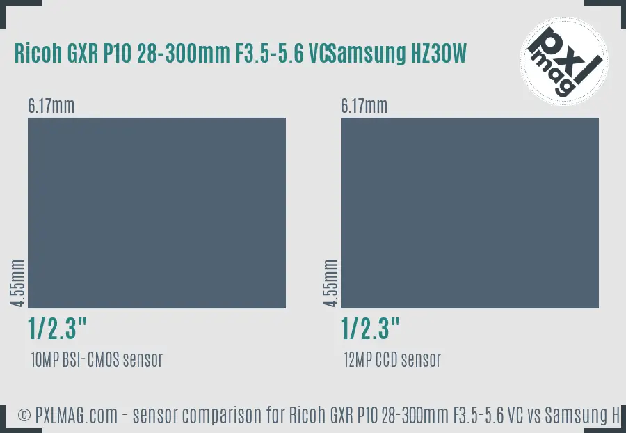 Ricoh GXR P10 28-300mm F3.5-5.6 VC vs Samsung HZ30W sensor size comparison
