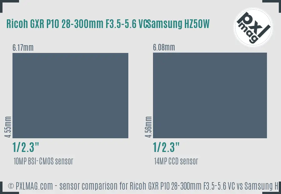 Ricoh GXR P10 28-300mm F3.5-5.6 VC vs Samsung HZ50W sensor size comparison