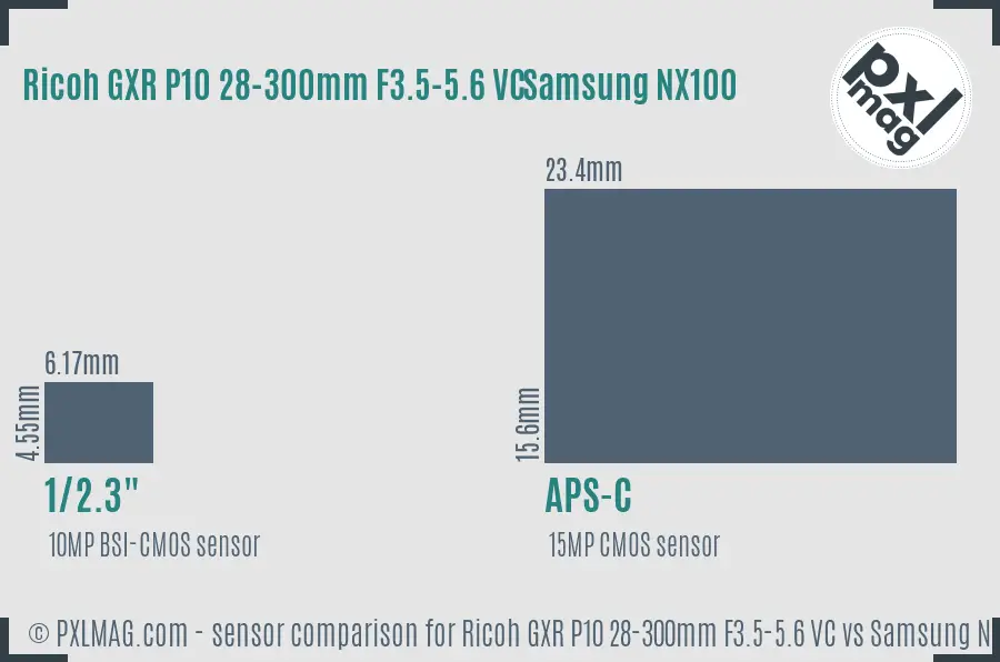 Ricoh GXR P10 28-300mm F3.5-5.6 VC vs Samsung NX100 sensor size comparison