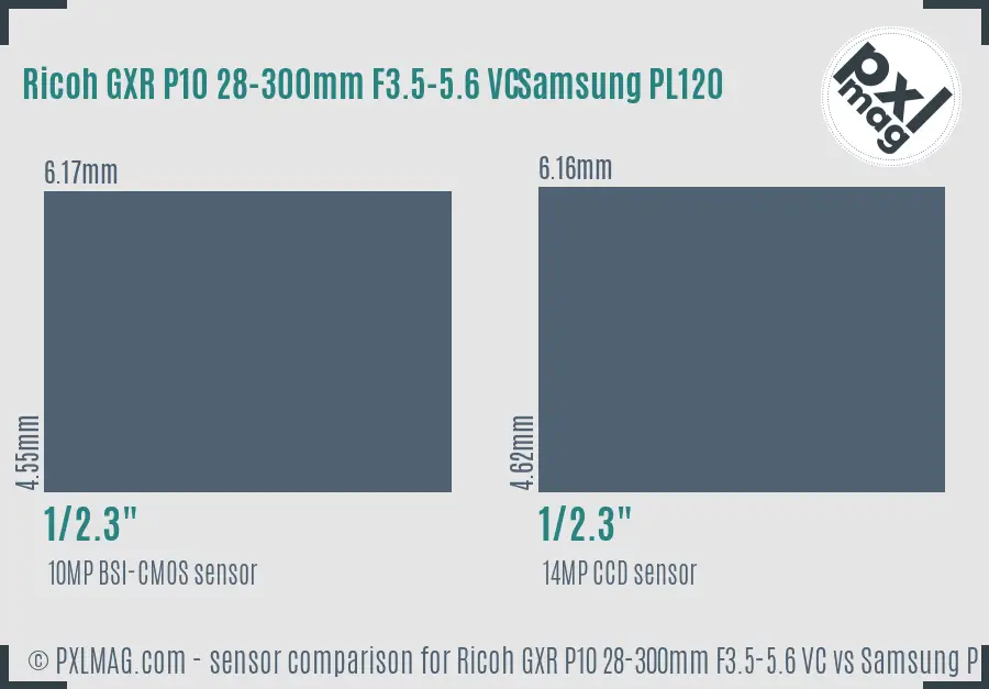 Ricoh GXR P10 28-300mm F3.5-5.6 VC vs Samsung PL120 sensor size comparison