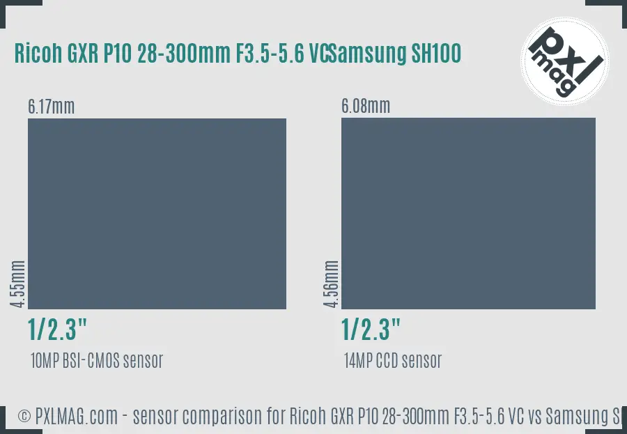 Ricoh GXR P10 28-300mm F3.5-5.6 VC vs Samsung SH100 sensor size comparison