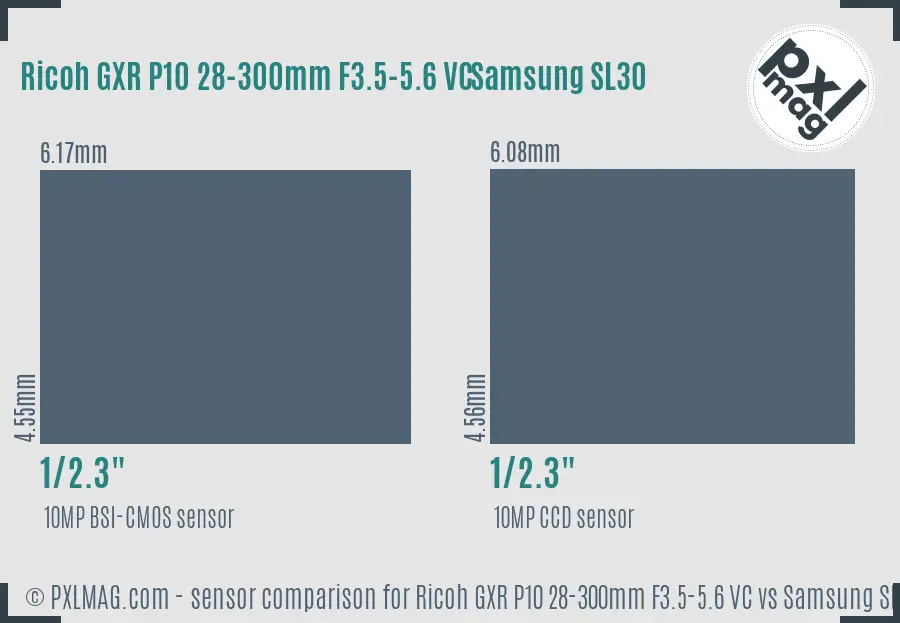 Ricoh GXR P10 28-300mm F3.5-5.6 VC vs Samsung SL30 sensor size comparison