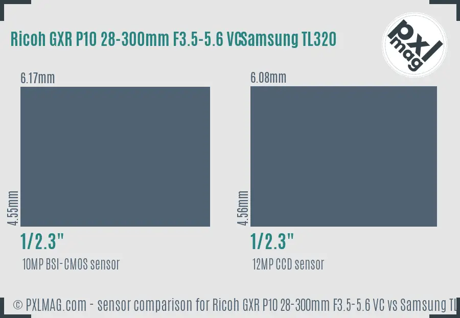 Ricoh GXR P10 28-300mm F3.5-5.6 VC vs Samsung TL320 sensor size comparison