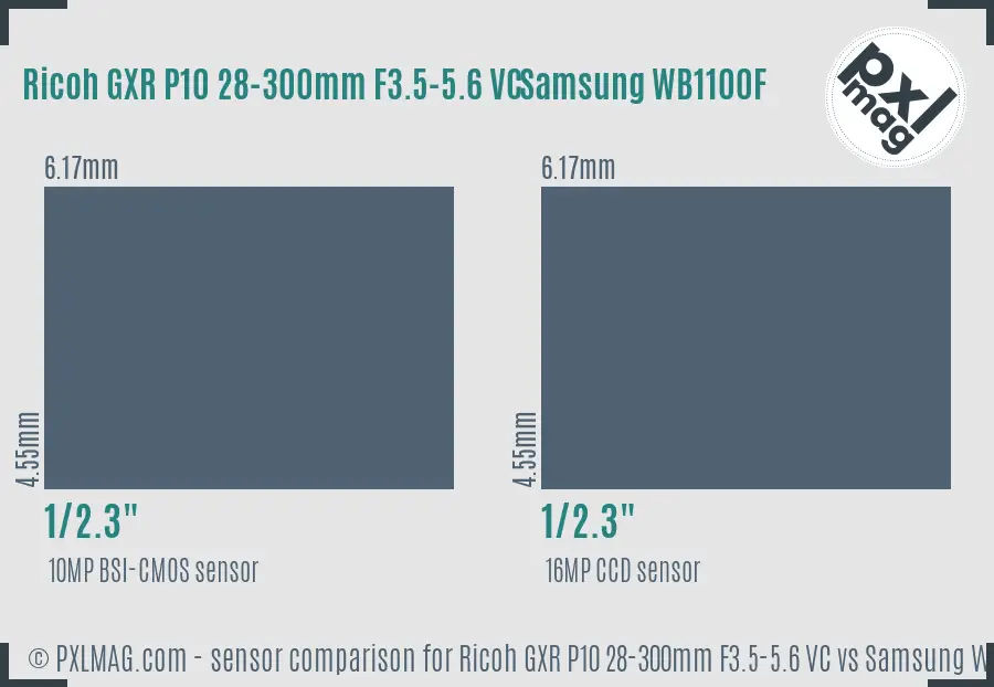 Ricoh GXR P10 28-300mm F3.5-5.6 VC vs Samsung WB1100F sensor size comparison
