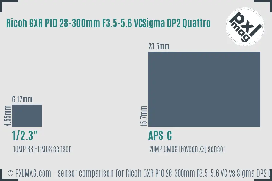 Ricoh GXR P10 28-300mm F3.5-5.6 VC vs Sigma DP2 Quattro sensor size comparison