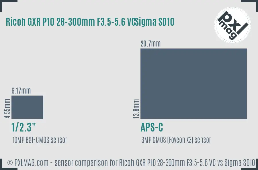 Ricoh GXR P10 28-300mm F3.5-5.6 VC vs Sigma SD10 sensor size comparison