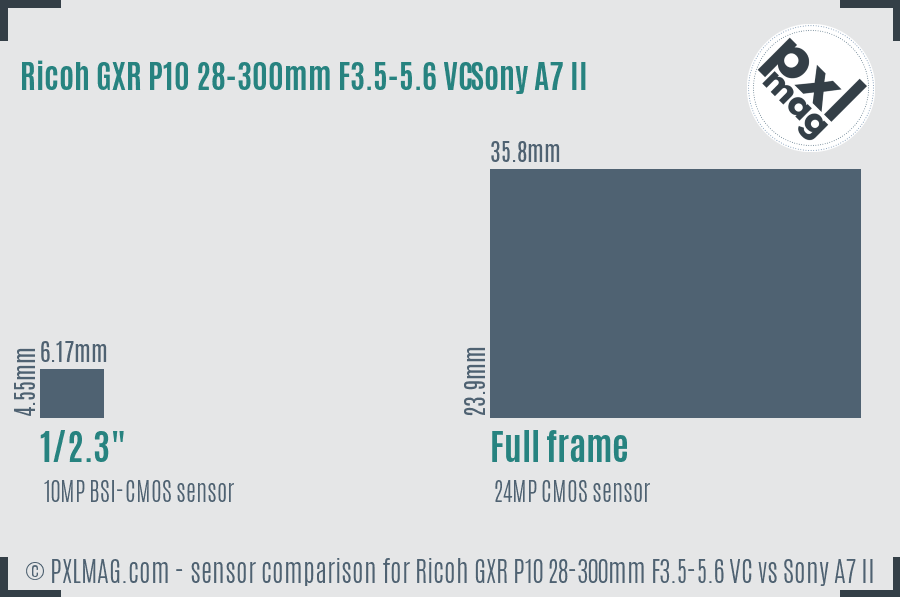 Ricoh GXR P10 28-300mm F3.5-5.6 VC vs Sony A7 II sensor size comparison