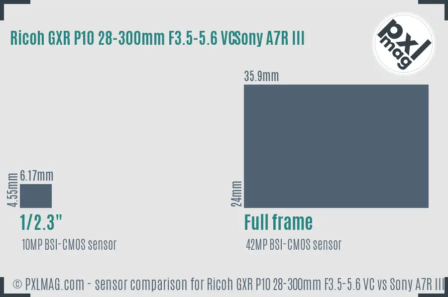 Ricoh GXR P10 28-300mm F3.5-5.6 VC vs Sony A7R III sensor size comparison