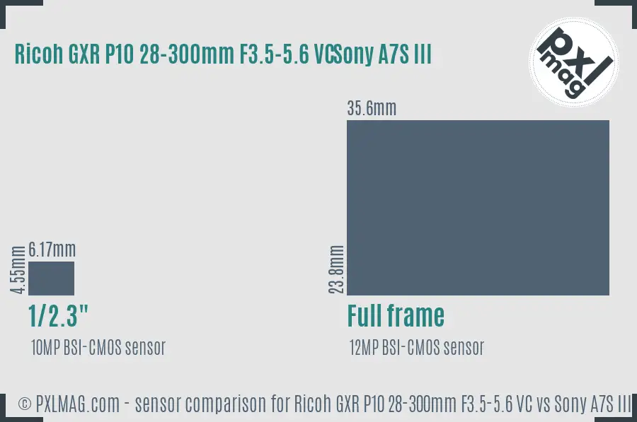 Ricoh GXR P10 28-300mm F3.5-5.6 VC vs Sony A7S III sensor size comparison