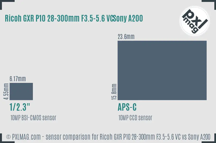 Ricoh GXR P10 28-300mm F3.5-5.6 VC vs Sony A200 sensor size comparison